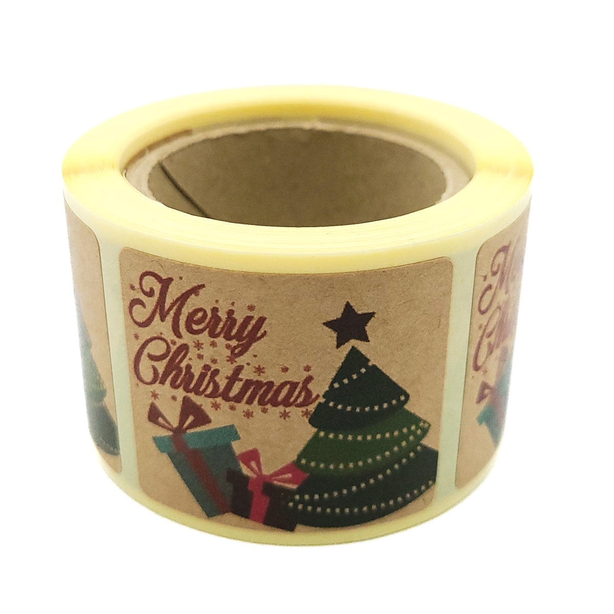 Étiquettes de Noël en rouleau de 200 pièces, 35 x 40 mm, papier kraft lisse, autocollants « Joyeux Noël » avec sapin de Noël
