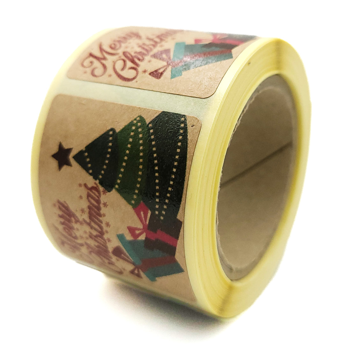 Étiquettes de Noël en rouleau de 200 pièces, 35 x 40 mm, papier kraft lisse, autocollants « Joyeux Noël » avec sapin de Noël