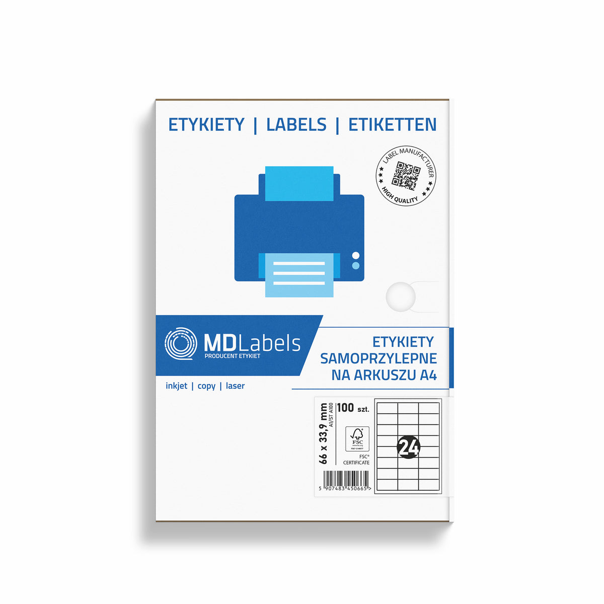 Self-adhesive labels on A4 sheets 66x33,9mm 100 sheets