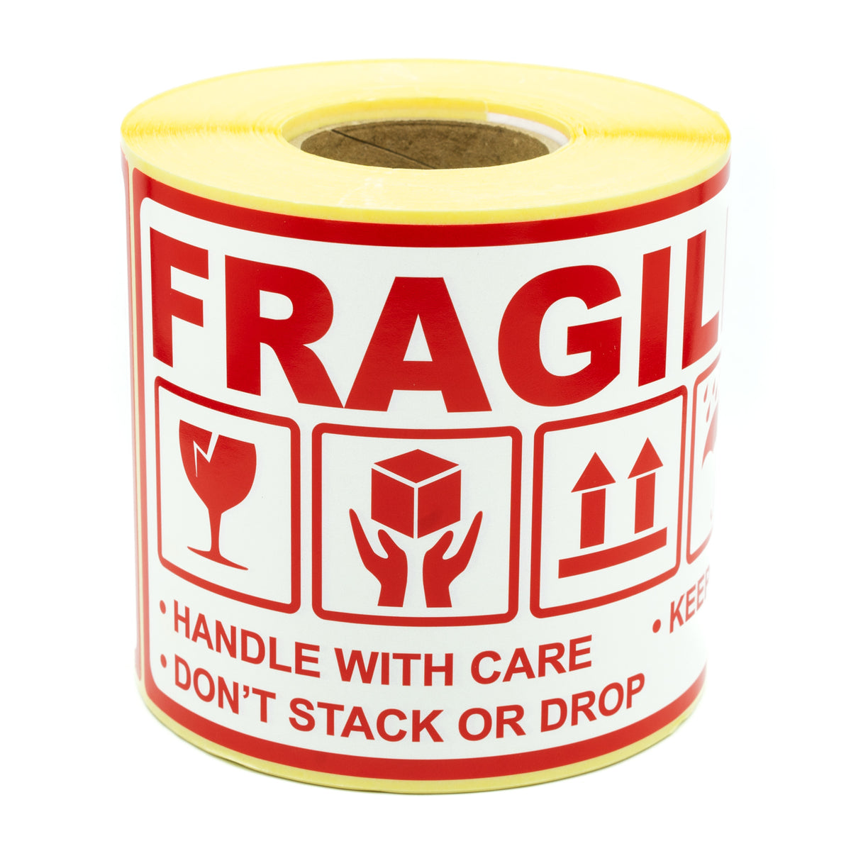 Warnetiketten auf Rolle, 90 x 150 mm: „ZERBRECHLICH – Vorsicht beim Transport – Trocken halten – Nicht stapeln oder fallen lassen – Diese Seite nach oben“ – 300 Stück
