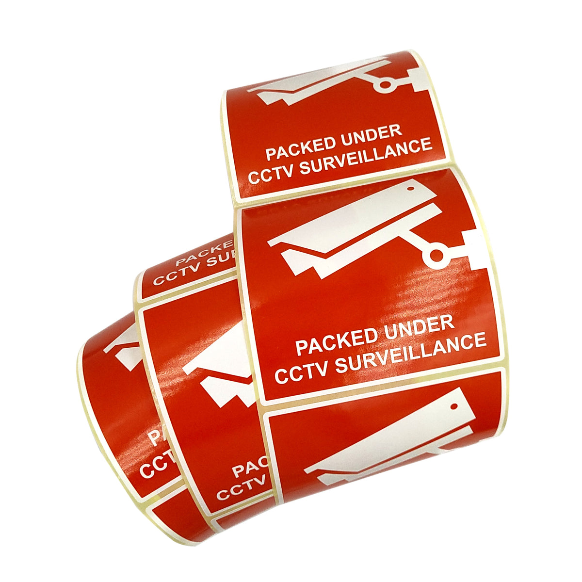 Self-adhesive warning labels - Packaged under camera surveillance! - 98x98mm 500 per roll