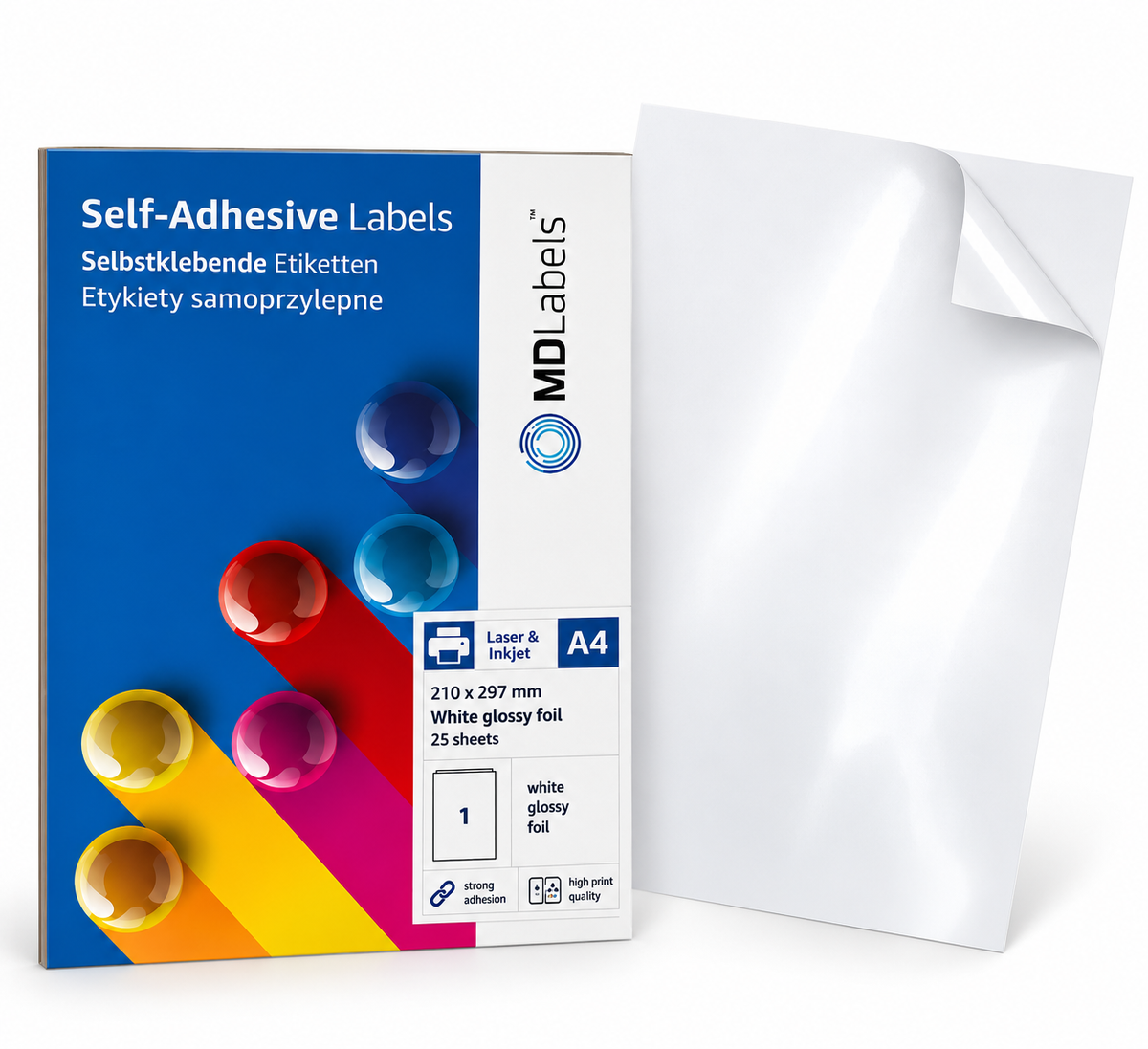 Self-adhesive labels on A4 sheets 210x297mm 25 sheets white glossy foil
