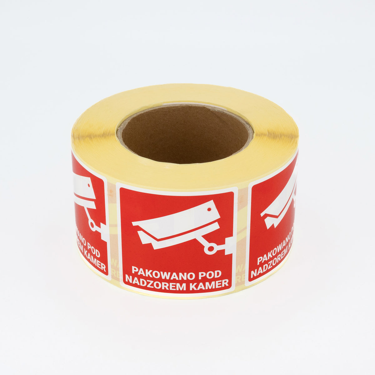 Self-adhesive warning labels - Packaged under camera surveillance! - 70x70 mm 1000 per roll