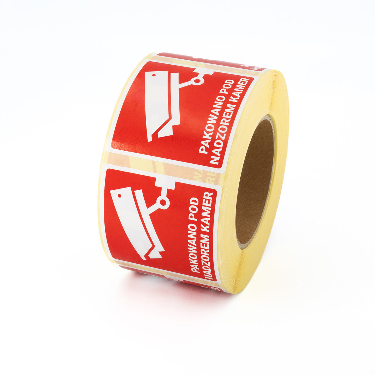 Self-adhesive warning labels - Packaged under camera surveillance! - 70x70 mm 1000 per roll