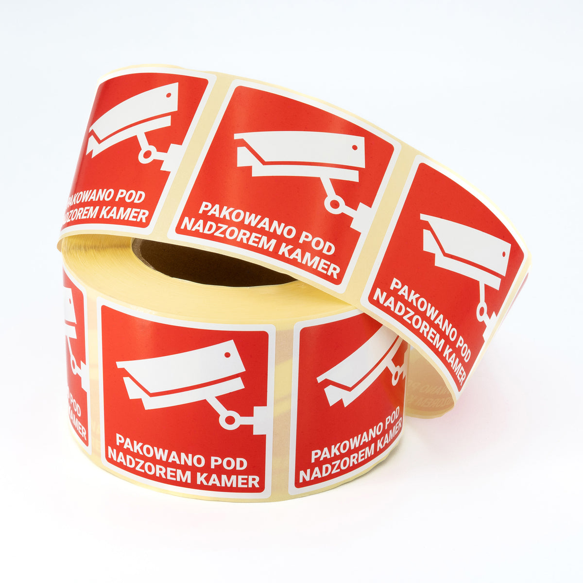 Self-adhesive warning labels - Packaged under camera surveillance! - 70x70 mm 1000 per roll