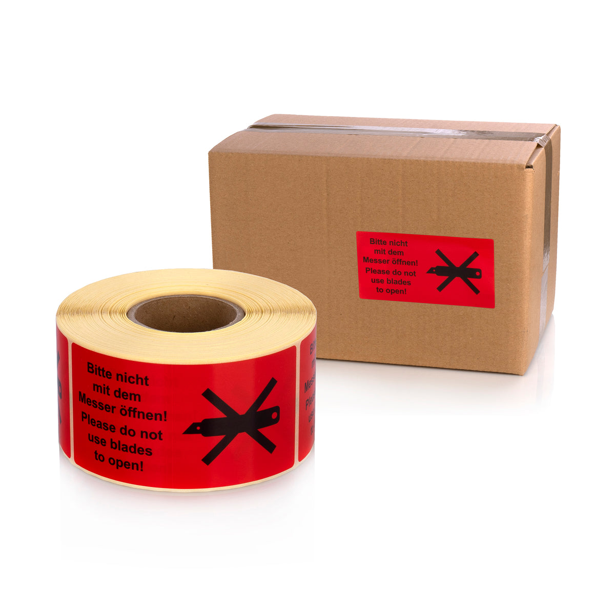 Warning Labels on Roll 100 x 50 mm Bitte nicht mit dem Messer öffnen!- Please do not use blades to open! 500 pcs