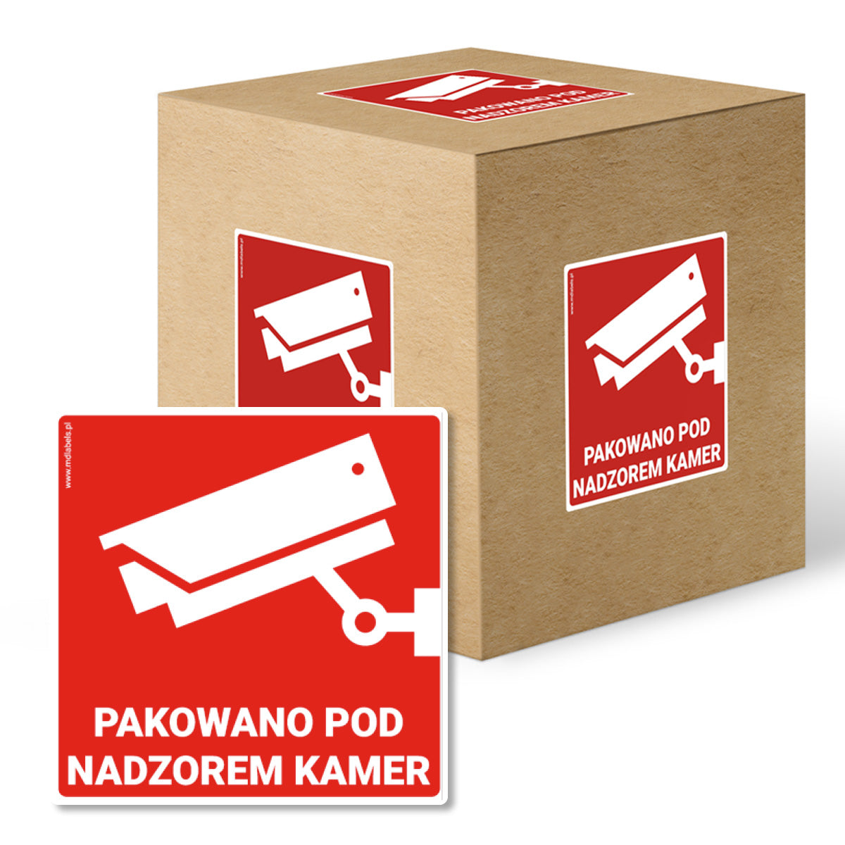 Self-adhesive warning labels - Packaged under camera surveillance! - 70x70 mm 1000 per roll