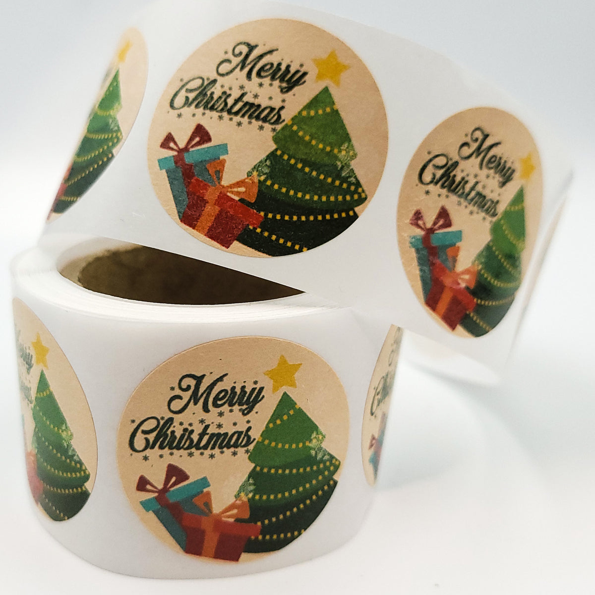 Étiquettes de Noël en rouleau de 200 pièces, 35 mm, papier kraft lisse, autocollants Joyeux Noël avec sapin de Noël
