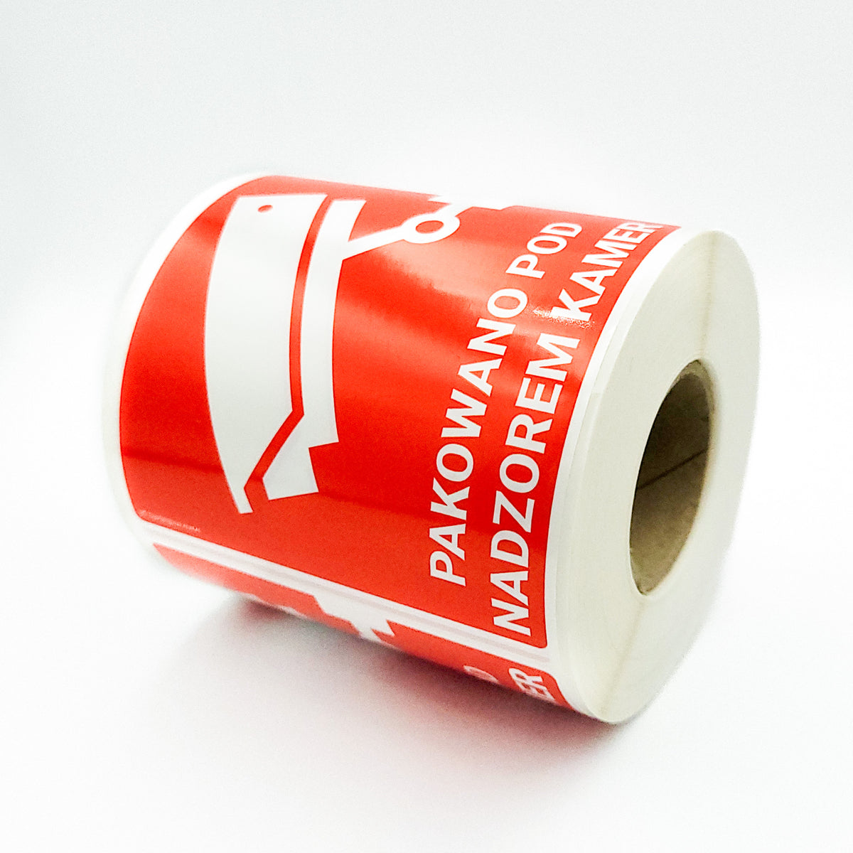 Self-adhesive warning labels - PP FILM- Packaged under camera surveillance! - 98x98mm 500 per roll