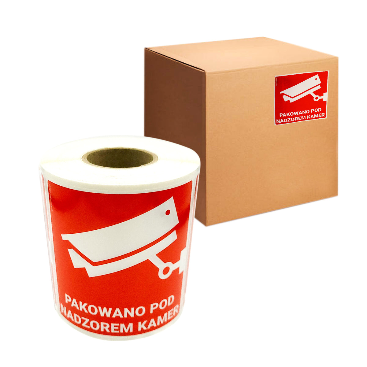 Self-adhesive warning labels - PP FILM- Packaged under camera surveillance! - 98x98mm 500 per roll
