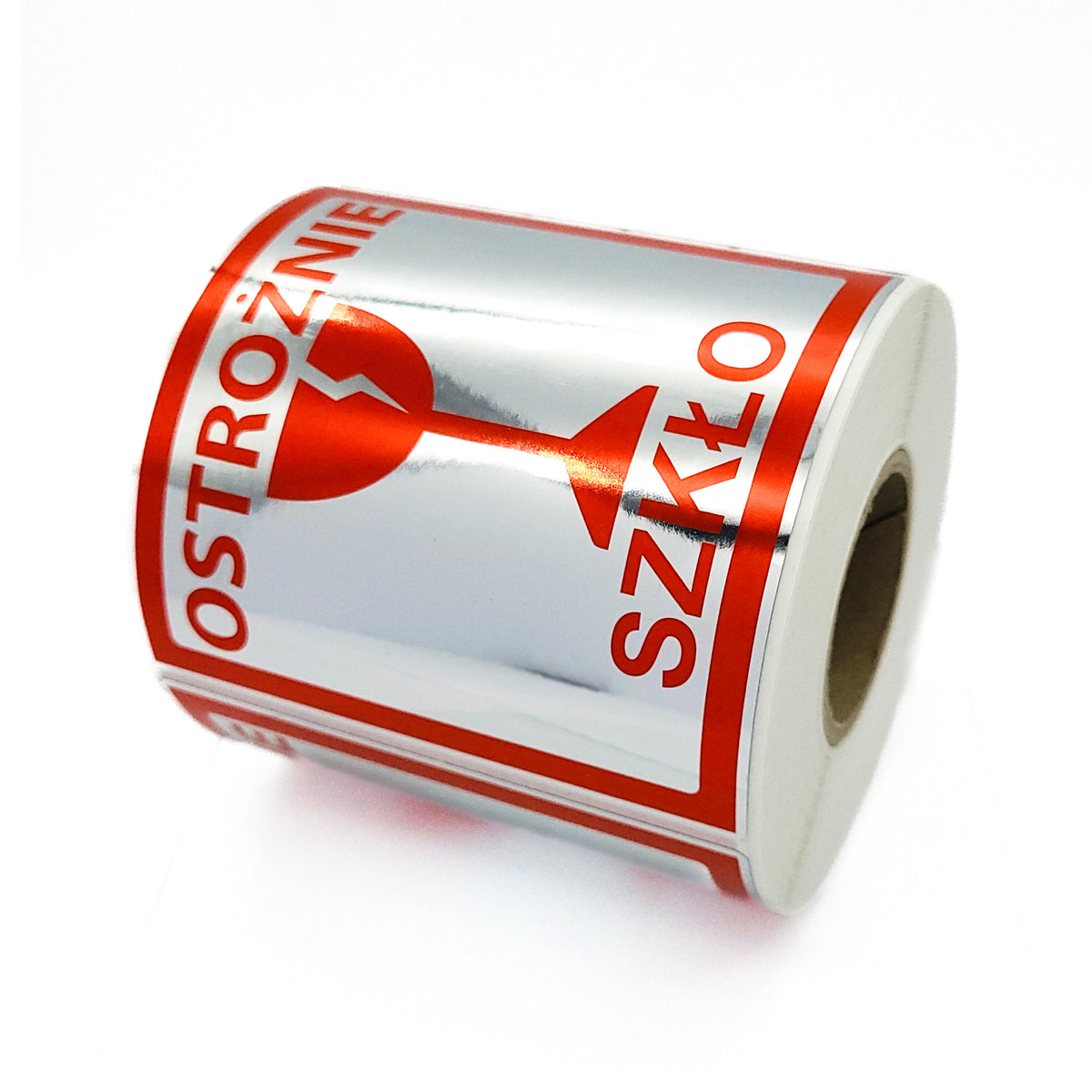 Self-adhesive warning labels- SILVER PP FILM - CAUTION GLASS - 98x98mm 500 per roll
