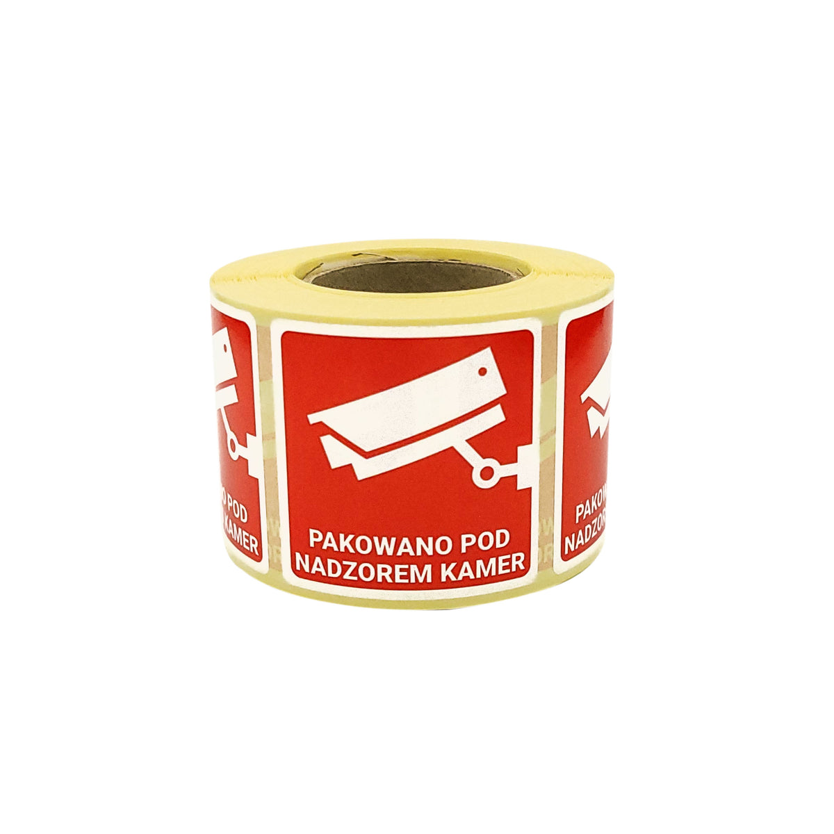 Self-adhesive warning labels - Packaged under camera surveillance! - 50x50mm 500 per roll
