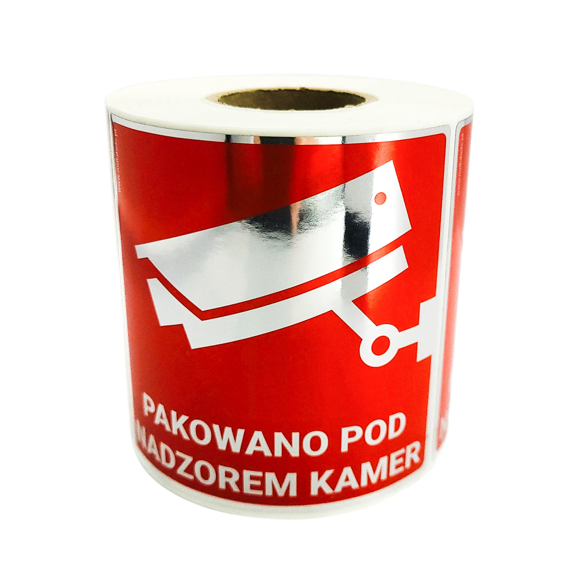 Self-adhesive warning labels - SILVER PP FILM- Packaged under camera surveillance! - 98x98mm 500 per roll