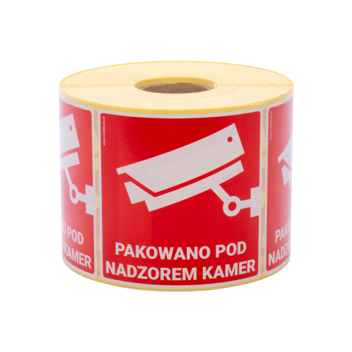 Self-adhesive warning labels - Packaged under camera surveillance! - 98x98mm 1000 per roll