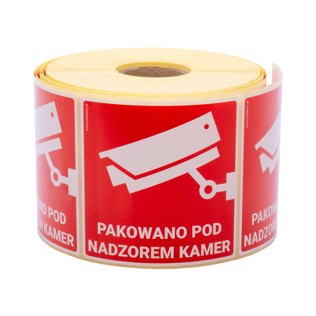 Self-adhesive warning labels - Packaged under camera surveillance! - 98x98mm 1000 per roll
