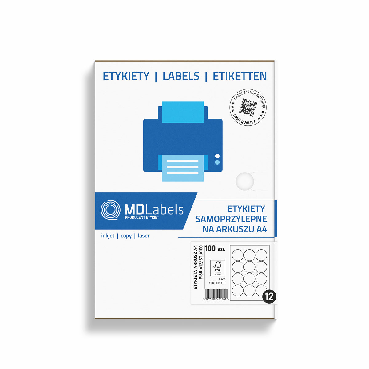 Self-adhesive labels on A4 sheets FI 65 mm 100 sheets