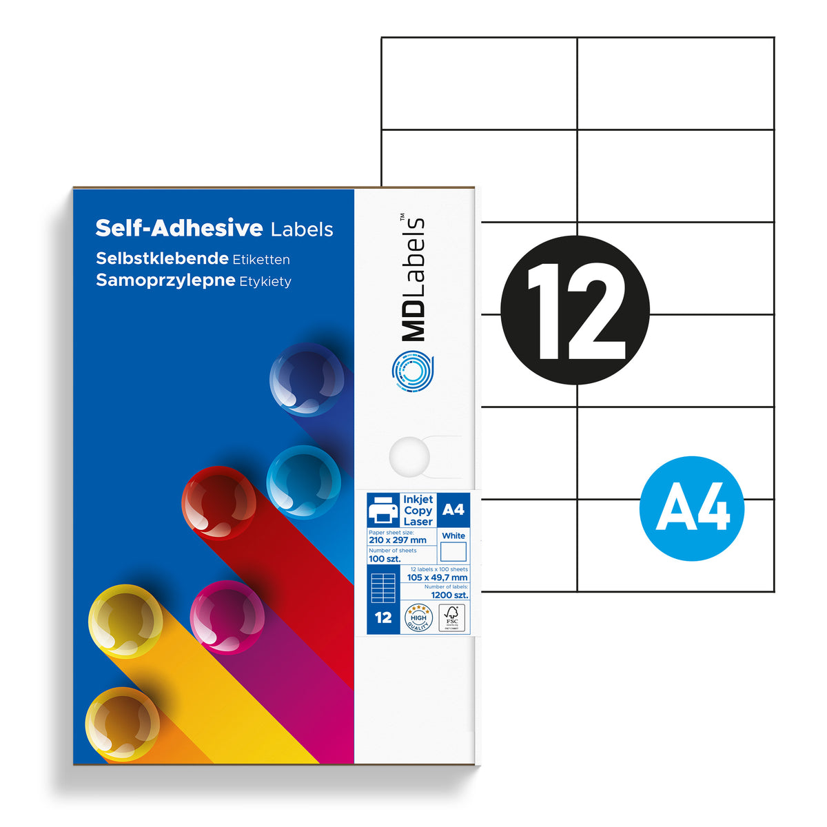 Self-adhesive labels on A4 sheets 105x49,7mm 100 sheets