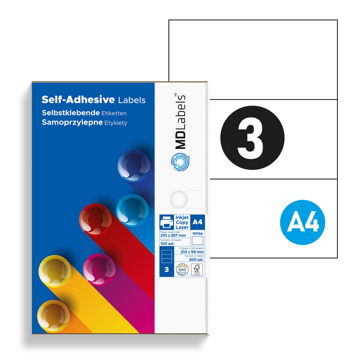 Self-adhesive labels on A4 sheets 210x99mm 100 sheets