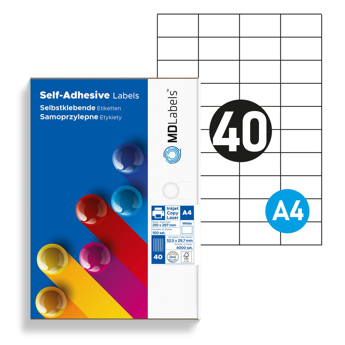 Self-adhesive labels on A4 sheets 52,5x29,8mm 100 sheets