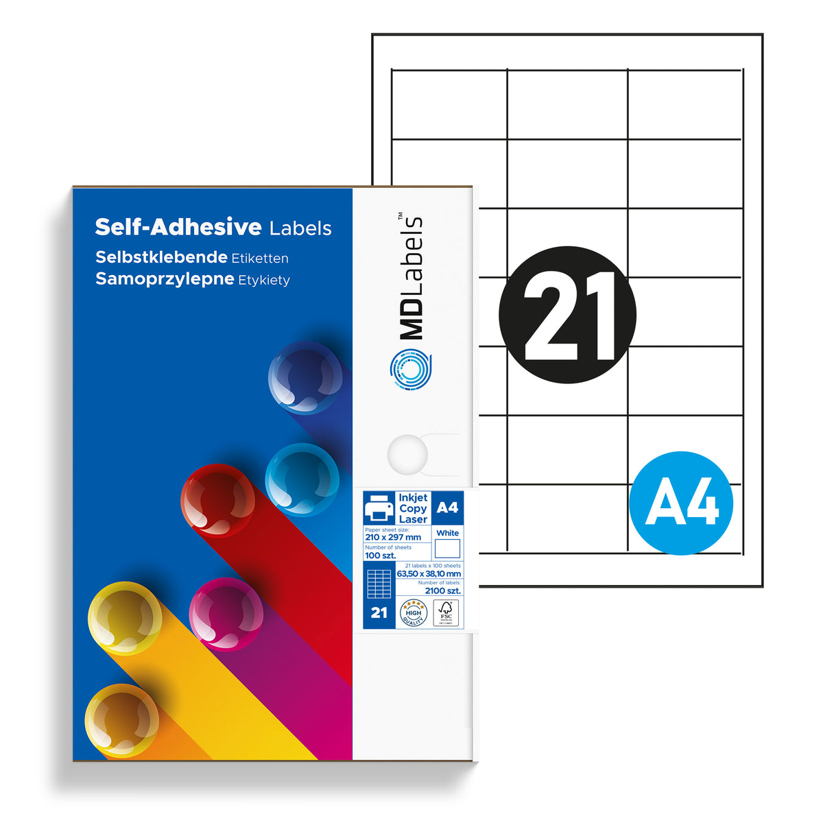 Self-adhesive labels on A4 sheets 63,5x38,1mm 100 sheets