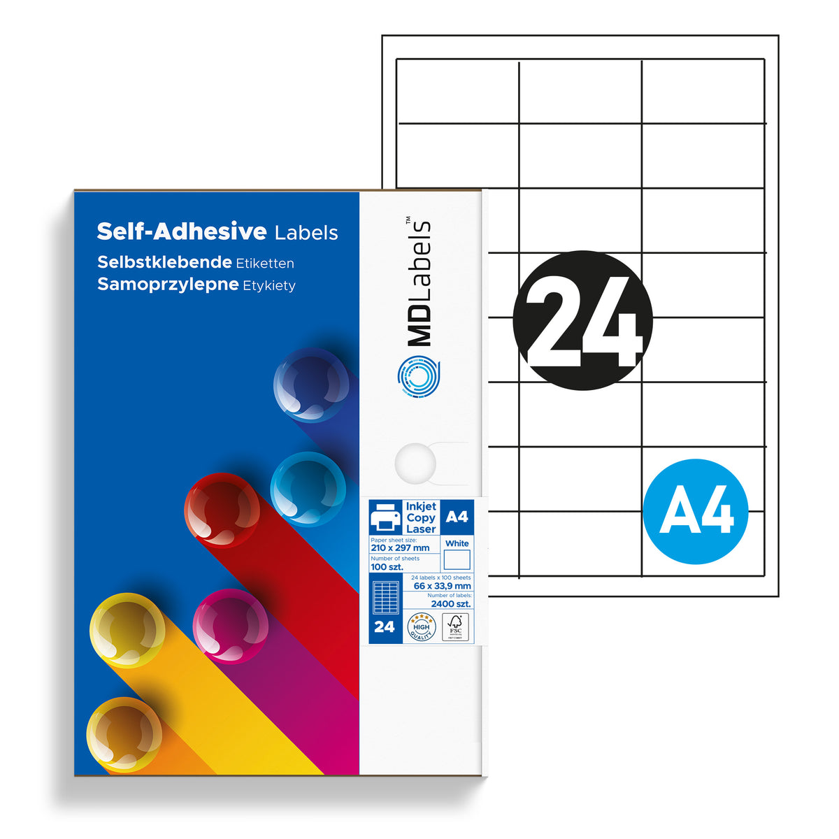 Self-adhesive labels on A4 sheets 66x33,9mm 100 sheets