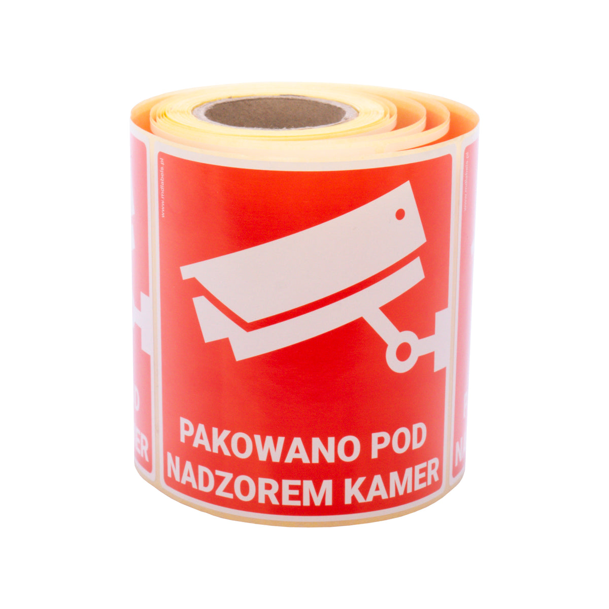 Self-adhesive warning labels - Packaged under camera surveillance! - 98x98mm 100 per roll