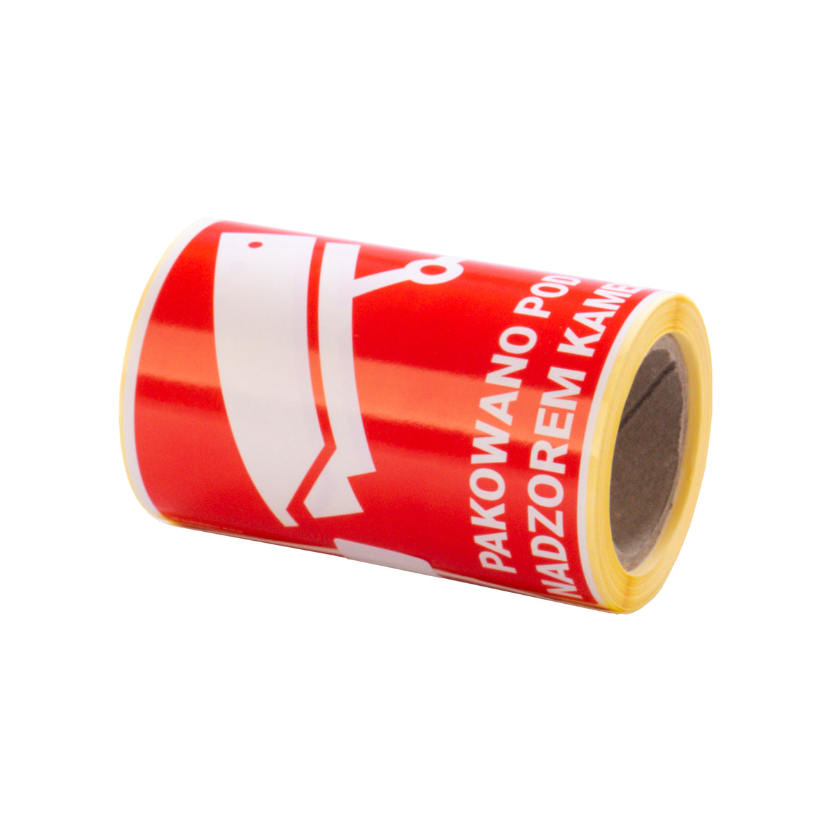 Self-adhesive warning labels - Packaged under camera surveillance! - 98x98mm 100 per roll