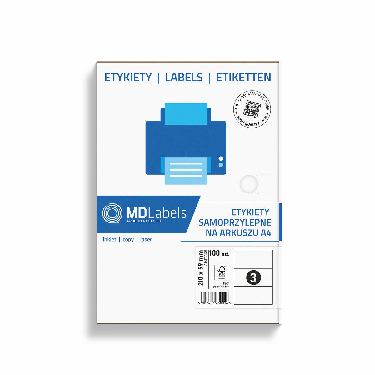 Self-adhesive labels on A4 sheets 210x99mm 100 sheets
